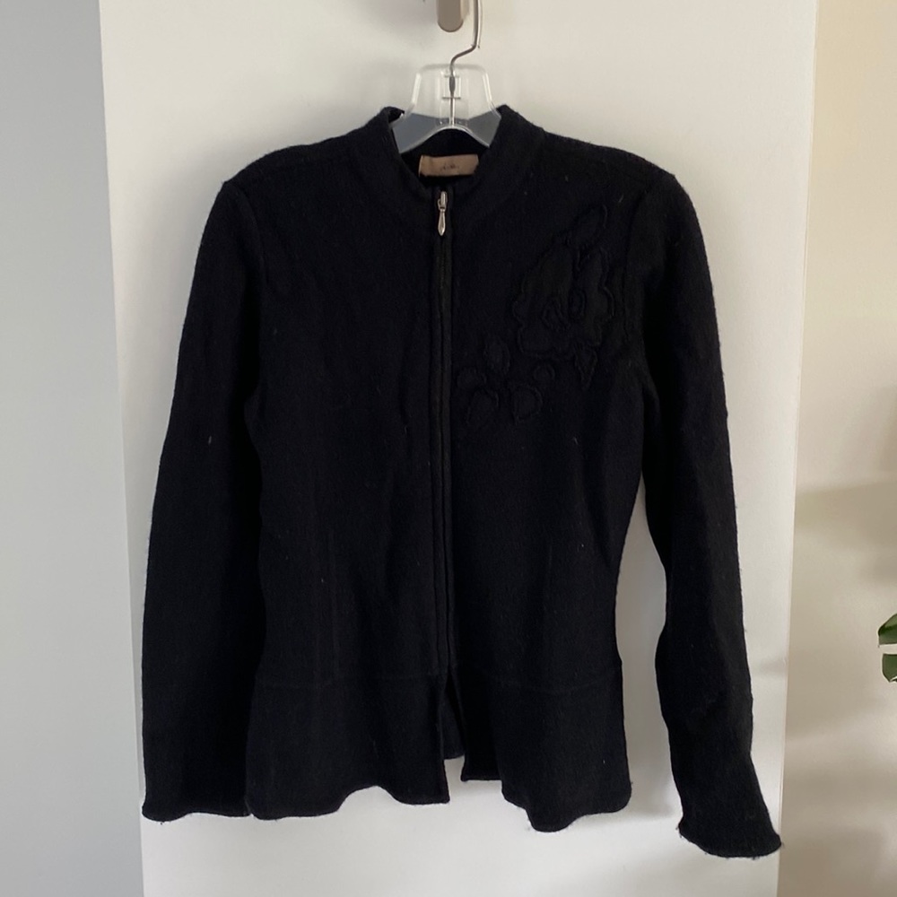 I E black wool cardigan blazer zipper sweater embellished detail boiled peplum S